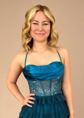 Cyane | Command Attention: Teal Homecoming Dress with Corset & Cascading Pleats - Teal - PromDressClub